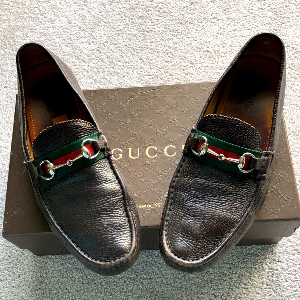 GUCCI DAMO 322741 Leather Web Stripe/ Bit Brown Driving Loafer Shoes. 12
